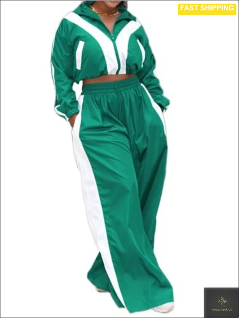 Women's 2-Piece Windbreaker Set Cropped Jacket Wide Leg Pants Tracksuit